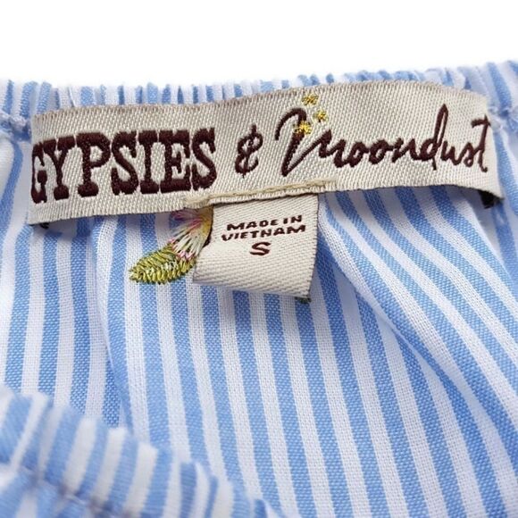 𝅺Gypsies & Moondust Blue & White Stripe Floral Embroidered Bell Sleeve  Top - Picture 6 of 8